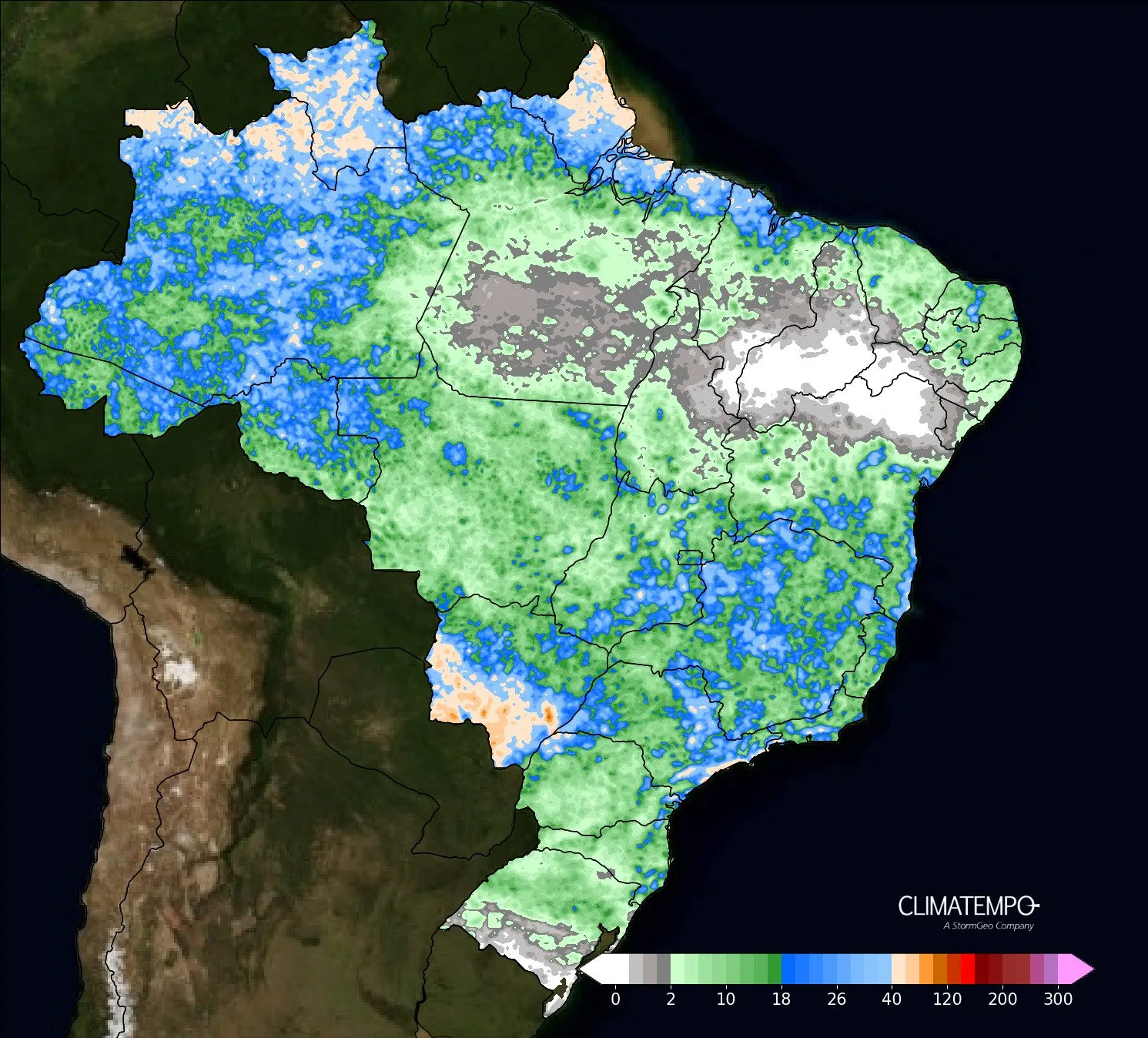 A imagem mostra as áreas com acumulado de chuva significativa